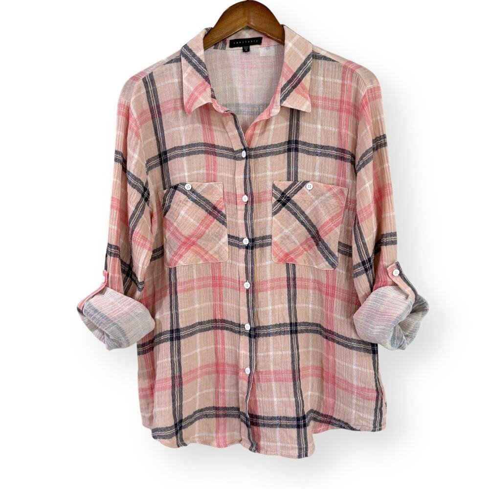 Sanctuary Pink Plaid Tomboy Shirt Size M Cotton Gauze Button Up Roll Tab Sleeve